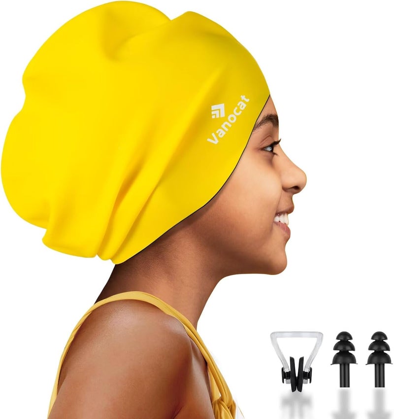Vanocat Kids Extra Large Swim Cap for Long Hair, Waterproof Silicone Swimming Caps for Boys Girls Children Youth Teen, Large Swim Hat for Long Thick Curly Hair & Dreadlocks Braids Weaves Afro Hair - Image 1